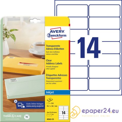 ETYKIETY A4 AVERY 99,1*38,1mm PRZEZROCZYSTE (25) ETYKIETY A4 AVERY 99,1*38,1mm PRZEZROCZYSTE (25)