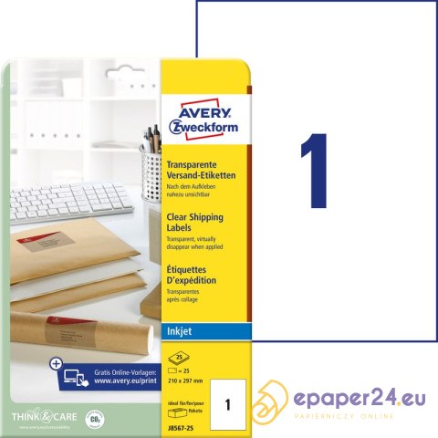 ETYKIETY A4 AVERY 210*297mm PRZEZROCZYSTE (25) ETYKIETY A4 AVERY 210*297mm PRZEZROCZYSTE (25)