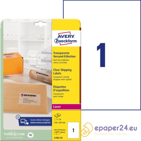 ETYKIETY A4 AVERY 210*297mm PRZEZROCZYSTE (25) ETYKIETY A4 AVERY 210*297mm PRZEZROCZYSTE (25)