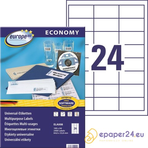 Etykiety Europe100 A4 64.6x33.8mm białe (100) Etykiety Europe100 A4 64.6x33.8mm białe (100)