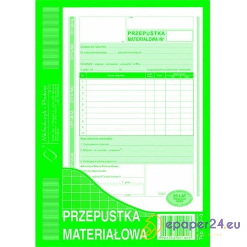 PRZEPUSTKA MATERIAŁOWA A5 (O+1K) PRZEPUSTKA MATERIAŁOWA A5 (O+1K)