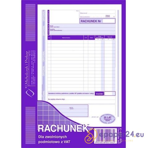 RACHUNEK DLA ZWOLNIONYCH Z VAT A5 (O+1K) RACHUNEK DLA ZWOLNIONYCH Z VAT A5 (O+1K)