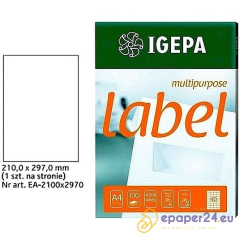ETYKIETY A4 IGEPA 210*297mm BIAŁE (100) ETYKIETY A4 IGEPA 210*297mm BIAŁE (100)