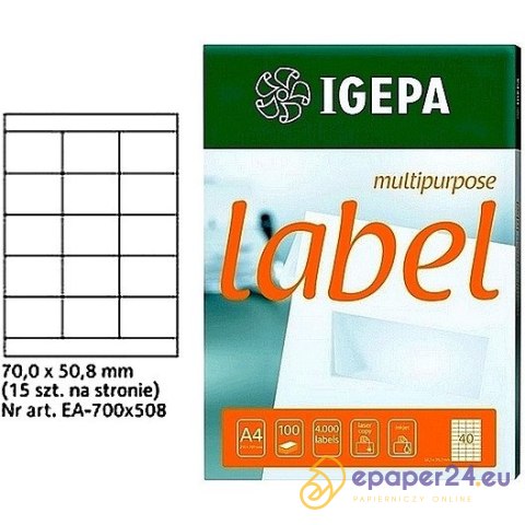 ETYKIETY A4 IGEPA 70,0*50,8mm BIAŁE (100) ETYKIETY A4 IGEPA 70,0*50,8mm BIAŁE (100)