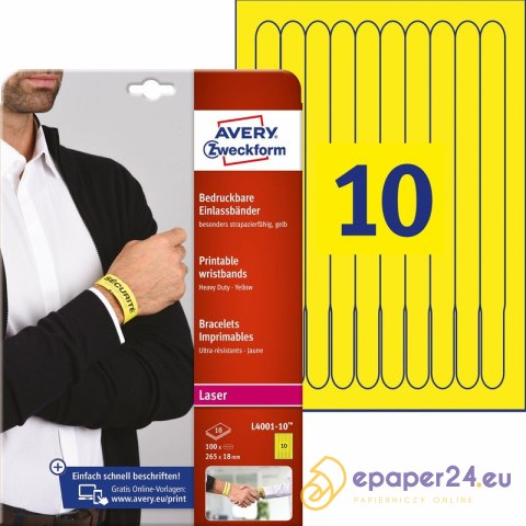 Opaski identyfikacyjne na nadgarstki Avery Zweckform, 10 ark./op., 265 x 18 mm, żółte, ŻÓŁTY Opaski identyfikacyjne na nadgarstki Avery Zweckform, 10 ark./op., 265 x 18 mm, żółte, ŻÓŁTY