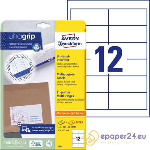 ETYKIETY AVERY A4 97x42.3mm BIAŁE (12x30) ETYKIETY AVERY A4 97x42.3mm BIAŁE (12x30)