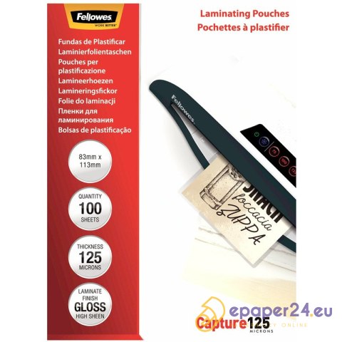 Folia laminacyjna Fellowes 83x113mm/125µm błyszczaca (100) Folia laminacyjna Fellowes 83x113mm/125µm błyszczaca (100)
