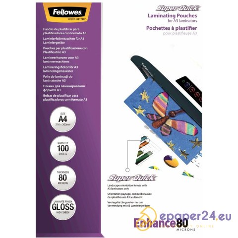 Folia laminacyjna Fellowes SuperQuick A4/80µm błyszczaca (100) Folia laminacyjna Fellowes SuperQuick A4/80µm błyszczaca (100)